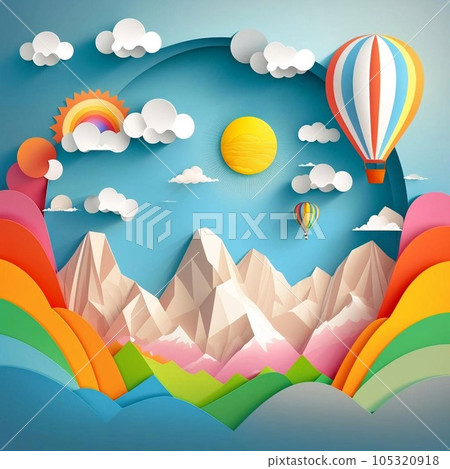 Beautiful landscape with clouds on blue sky, mountains, sun, air balloon and rainbow. Paper cut style. 105320918