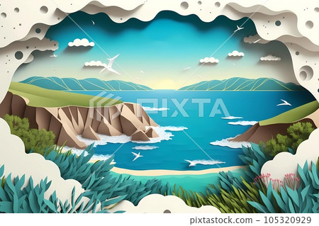 Paper cut colorful illustration. Landscape with coast and sea, sunny day. Space for text. Good for banner, header . High quality illustration Paper cut colorful illustration. Landscape with coast and sea, sunny day. Space for text. Good for banner, header . High quality illustration 105320929