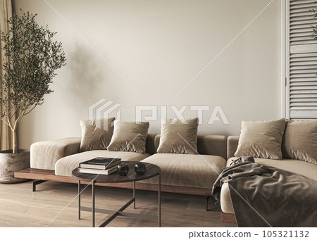 Mockup frame in canvas modern interior livingroom background in light pastel colors. Brown Scandi Boho style panoramic room design. 3d render. High quality 3d illustration Mockup frame in canvas modern interior livingroom background in light pastel colors. Brown Scandi Boho style panoramic room design. 3d render. High quality 3d illustration 105321132