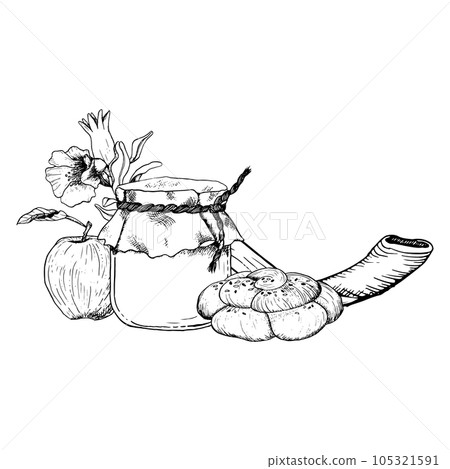 Shana Tova Rosh Hashanah symbols horizontal greeting banner with honey jar, shofar horn, round challah, apple and pomegranate flowers vector illustration for Jewish New Year Shana Tova Rosh Hashanah symbols horizontal greeting banner with honey jar, shofar horn, round challah, apple and pomegranate flowers vector illustration for Jewish New Year 105321591