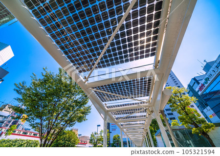 Kawasaki cityscape in Japan Summer. Severe heat, solar panels at Kawasaki Station and taxi stands, Keihin Express train…=July 26 105321594