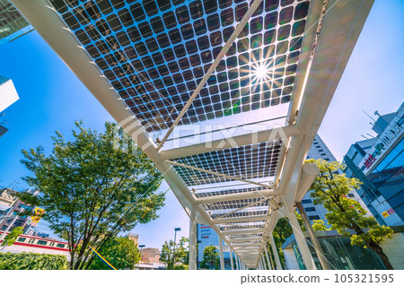 Kawasaki cityscape in Japan Summer. Severe heat, solar panels at Kawasaki Station and taxi stands, Keihin Express train…=July 26 105321595