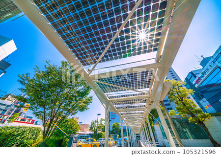 Kawasaki cityscape in Japan Summer. Severe heat, solar panels at Kawasaki Station and taxi stands, Keihin Express train…=July 26 105321596