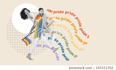 Young man carrying beautiful woman on his shoulder. Pride month. Lgbt support. Contemporary art collage. Young man carrying beautiful woman on his shoulder. Pride month. Lgbt support. Contemporary art collage. 105321702