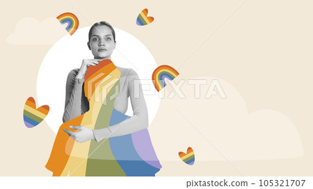 Beautiful young woman hugging human silhouette. Rainbow hearts elements. Contemporary art collage. 105321707