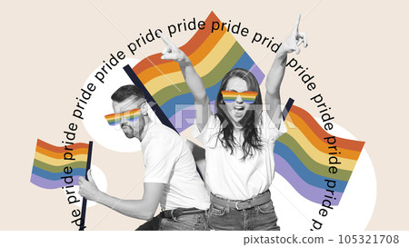 Young man and woman celebrating pride month. Expressing social support. Contemporary art collage. Young man and woman celebrating pride month. Expressing social support. Contemporary art collage. 105321708