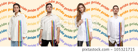 Young people, men and women standing in white shirts with rainbow ribbon element symbolizing support of lgbtqia community. Contemporary art collage. 105321715
