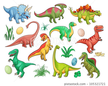Dinosaur cartoon vector characters with cute baby dino animals and eggs. Funny triceratops, stegosaurus and raptor, brontosaurus, t-rex, spinosaurus and tyrannosaurus, brachiosaurus and dilophosaurus Dinosaur cartoon vector characters with cute baby dino animals and eggs. Funny triceratops, stegosaurus and raptor, brontosaurus, t-rex, spinosaurus and tyrannosaurus, brachiosaurus and dilophosaurus 105321721
