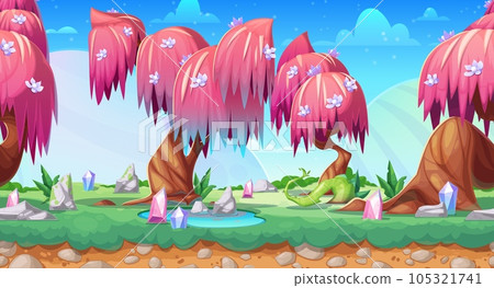 Fantasy game landscape, vector seamless background with cartoon fairy forest. Game ui animation of alien world jungle trees, ground and grass, treasure crystals and magic stones, pink leaves, flowers Fantasy game landscape, vector seamless background with cartoon fairy forest. Game ui animation of alien world jungle trees, ground and grass, treasure crystals and magic stones, pink leaves, flowers 105321741
