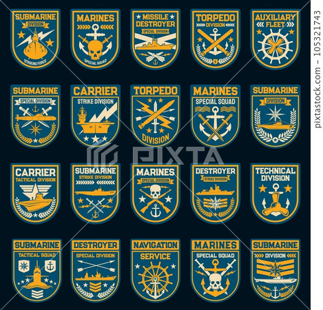 Navy or naval force vector patches and badges. Nautical anchor, submarine, military ship and helm, sword, skull and battleship, torpedo, strike missile and compass wind rose isolated insignias Navy or naval force vector patches and badges. Nautical anchor, submarine, military ship and helm, sword, skull and battleship, torpedo, strike missile and compass wind rose isolated insignias 105321743