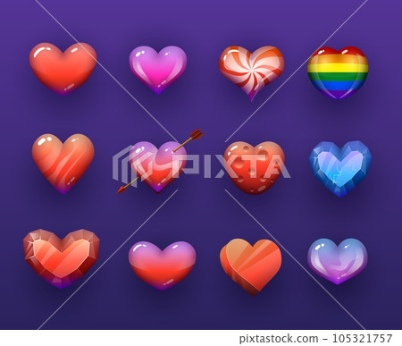 Cartoon vector hearts isolated vectir icons set. Rainbow, candy and ruby gemstone, ice crystal, pierced with arrow red and colorful hearts, pc or mobile game assets, gui design isolated elements Cartoon vector hearts isolated vectir icons set. Rainbow, candy and ruby gemstone, ice crystal, pierced with arrow red and colorful hearts, pc or mobile game assets, gui design isolated elements 105321757