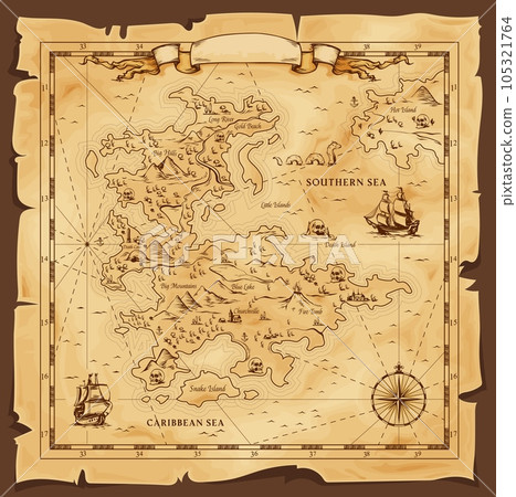 Old map, vector worn parchment with caribbean and southern sea, ships, islands and land, wind rose and cardinal points. Fantasy world, vintage grunge paper pirate map with travel locations and monster 105321764