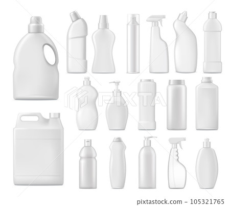 Household chemicals vector bottles, detergent blank packages mockup. White plastic tubes with handle, pump, sprayer for liquid soap, stain remover, realistic laundry bleach or cleaner isolated 3d set 105321765