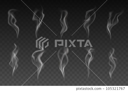 Smoke or steam isolated vector set. White smogs of cigarette, vapor waves or hot food or drink on transparent background. Magic haze or vapour texture, smoke of hookah, Realistic 3d mockup, elements 105321767