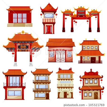 Chinese buildings, temples architecture. Traditional china town with pagoda and gate decorated with red paper festive lanterns. Ancient asian architectural structure, buildings facades exterior design 105321769