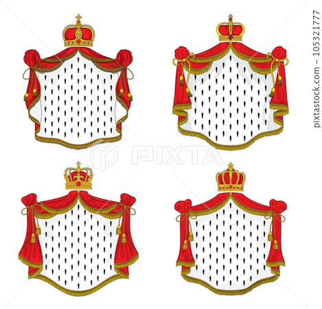 Royal mantle of ermine and gold crown, vector king or queen red cloak with golden fringe, tassels and headwear. Cartoon symbols of monarchy power, emperor coat of arms elements isolated emblems set 105321777