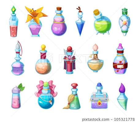 Potion bottles vector icons, magic elixir in glass flasks, cartoon design elements for magic gui or rpg games. Witch poison , halloween party objects alchemy liquid set isolated on white background Potion bottles vector icons, magic elixir in glass flasks, cartoon design elements for magic gui or rpg games. Witch poison , halloween party objects alchemy liquid set isolated on white background 105321778