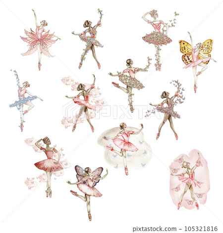 Watercolor dancing ballerina in red dress with butterflies. Hand drawn classic ballet performance, pose. Young pretty ballerina women illustration. Can be used for postcard and posters. 105321816