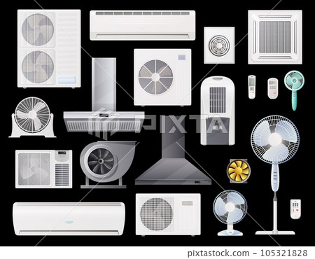 Air conditioners, fans and range hoods vector icons set of conditioning, home and industrial ventilation system. Climate control split units, air duct vent, wall and floor fans with remote control 105321828