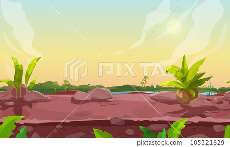 Game nature landscape seamless background of cartoon vector ui or gui design. Game interface with forest trees, green grass and cloudy sky, sun, river, rocks, ground soil and jungle bushes 105321829