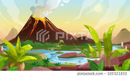 Volcano eruption cartoon vector background of game interface nature landscape. Mountain with fountain of lava, volcanic ash clouds, fire and smoke, forest trees, green grass, river and cloudy sky 105321833