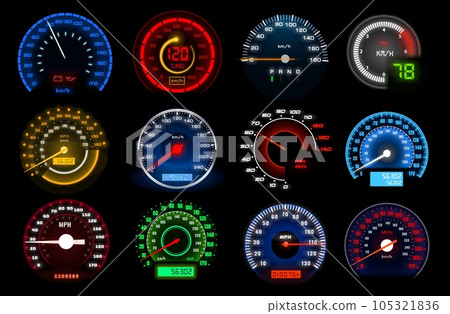 Speedometers, speed indicator vector dashboard dial scales for auto. Vehicle board realistic interface, speed accelerate, transportation technology. Isolated car speedometers with km digits and arrows Speedometers, speed indicator vector dashboard dial scales for auto. Vehicle board realistic interface, speed accelerate, transportation technology. Isolated car speedometers with km digits and arrows 105321836