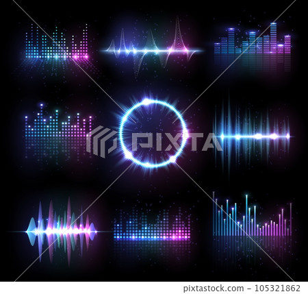 Music equalizers, isolated vector audio or radio waves, sound frequency lines and circle. Digital player display waveform, hud technology for tune bar, soundwave recorder signal. Song studio pulse set 105321862