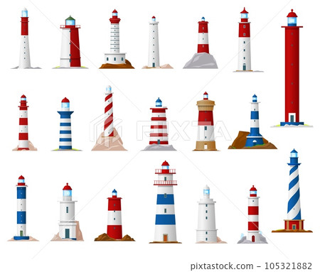 Sea lighthouse and beacon tower isolated vector icons. Nautical navigation ocean coast light houses with searchlight beams, blue, red and white stripes, coastal building architecture design 105321882