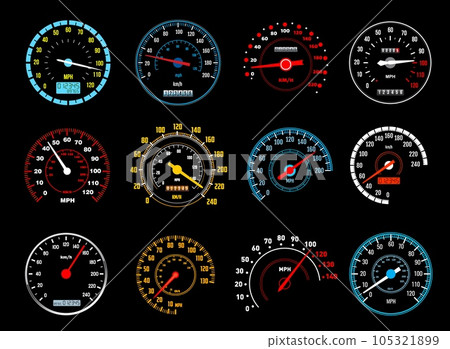 Car speedometer vector icons of dashboard speed meters. Gauges of auto motor vehicle instrument panel with glowing speedo dials, electronic and mechanical odometers, speed measure instruments design 105321899