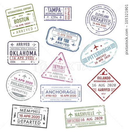 Stamps of USA, passport travel visas of US airport, vector icons, international departure and arrival. America airport passport travel stamps of New York, Boston, Orlando, Philadelphia and Pittsburgh Stamps of USA, passport travel visas of US airport, vector icons, international departure and arrival. America airport passport travel stamps of New York, Boston, Orlando, Philadelphia and Pittsburgh 105321901