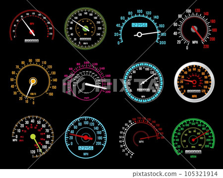 Speedometers, speed indicator vector dashboard dial scales for auto. Isolated car speedometers with km digits and arrows. Vehicle board realistic interface, speed accelerate, transportation technology 105321914