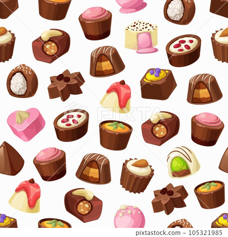 Chocolate candies, truffles and praline seamless pattern. Vector background of sweet food and chocolate desserts, caramel, nuts and coconut, coffee, milk cream and nougat, confectionery backdrop 105321985
