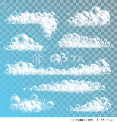 Soap bubbles realistic vector mockup on transparent background. Water and liquid soap foam stripes, 3d bubbles of shower gel, bath foam or laundry detergent with reflections 105322048