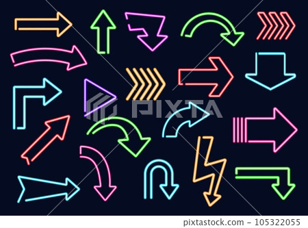 Neon light arrow pointer vector signs on dark background. Glowing blue, green, pink and purple direction pointers, casino, night show or party, club, bar or cinema design Neon light arrow pointer vector signs on dark background. Glowing blue, green, pink and purple direction pointers, casino, night show or party, club, bar or cinema design 105322055