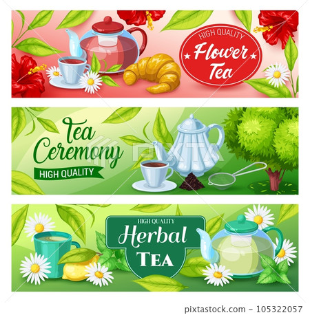 Tea beverage vector banners of green, herbal and black hot drinks. Tea cups and mug, teapots and kettle, green leaves, chamomile and hibiscus flowers, lemon, croissant, saucers and infuser spoon Tea beverage vector banners of green, herbal and black hot drinks. Tea cups and mug, teapots and kettle, green leaves, chamomile and hibiscus flowers, lemon, croissant, saucers and infuser spoon 105322057
