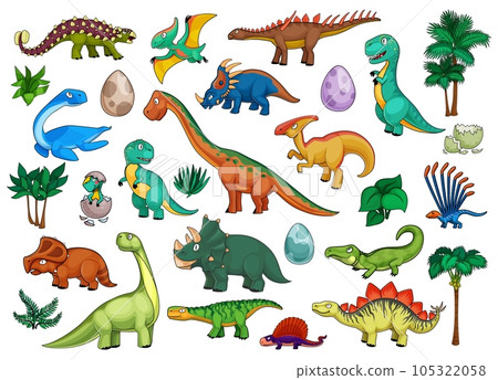 Dinosaurs cartoon set with cute dino animals, babies in eggs and palm trees. Funny triceratops, stegosaurus, brontosaurus, t-rex and tyrannosaurus, pterodactyl, ankylosaurus and brachiosaurus Dinosaurs cartoon set with cute dino animals, babies in eggs and palm trees. Funny triceratops, stegosaurus, brontosaurus, t-rex and tyrannosaurus, pterodactyl, ankylosaurus and brachiosaurus 105322058