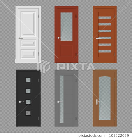 Interior door, room doorway and entrance realistic vector mockups. Wood doors on transparent background 3d template with casing frames, glass panels, silver metal handles and hinges, interior design Interior door, room doorway and entrance realistic vector mockups. Wood doors on transparent background 3d template with casing frames, glass panels, silver metal handles and hinges, interior design 105322059