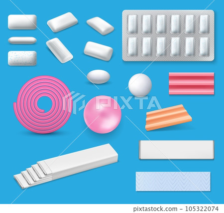 Chewing bubble gum realistic vector mockups. Bubblegum packages with mint or menthol sticks and blister pack with pads, pink ribbon gum, coated dragee, pellets and pillows 3d templates 105322074