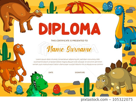 Education diploma certificate vector template with dinosaur animals. Kids award or achievement certificate of elementary school or preschool graduation with cartoon dino monsters background frame 105322075