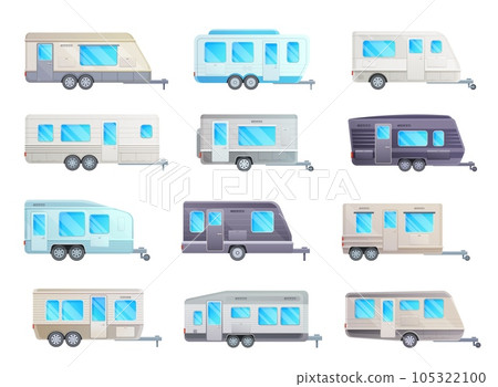 Camper trailer or travel caravan vector set of RV car and transportation design. Camp vans and mobile homes, recreational motor vehicle for family camping, summer vacation and road trip design 105322100