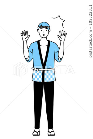 A man wearing a summer festival happi coat raising his hand in surprise A man wearing a summer festival happi coat raising his hand in surprise 105322311