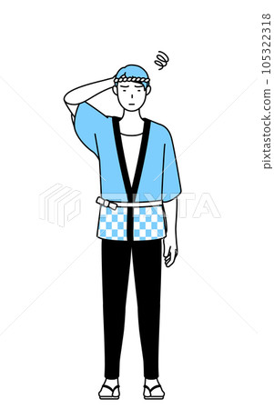 A man wearing a summer festival happi coat scratching his head in trouble A man wearing a summer festival happi coat scratching his head in trouble 105322318