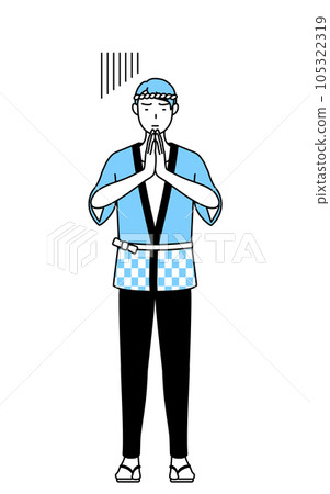 A man wearing a happi coat for a summer festival who puts his hands together in front of his body and apologizes A man wearing a happi coat for a summer festival who puts his hands together in front of his body and apologizes 105322319