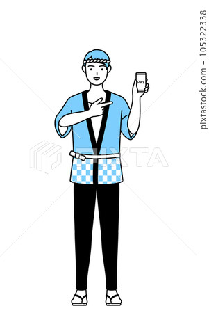 一名穿著夏季節日快樂大衣的男子建議使用智能手機進行無現金和在線支付 一名穿著夏季節日快樂大衣的男子建議使用智能手機進行無現金和在線支付 105322338