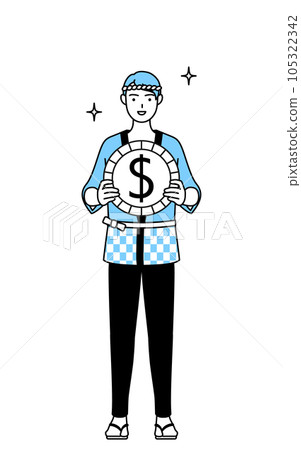 外匯收益和強勢美元的形象,一名穿著夏季節日快樂外套的男子 外匯收益和強勢美元的形象,一名穿著夏季節日快樂外套的男子 105322342
