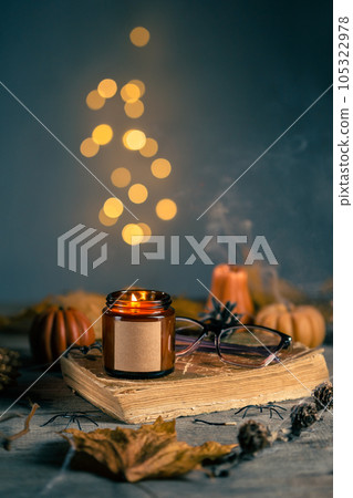 Halloween Candle in the Glass Jar with Empty Label Halloween Candle in the Glass Jar with Empty Label 105322978