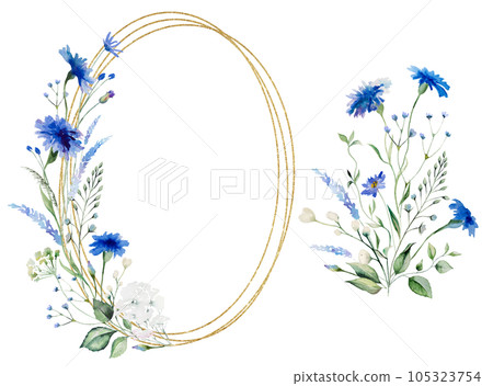 Watercolor blue cornflowers and wildflowers oval frame and bouquet, wedding illustration Watercolor blue cornflowers and wildflowers oval frame and bouquet, wedding illustration 105323754