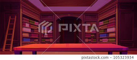 Retro library with many books on wooden shelves 105323934