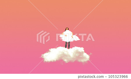 Cheerful, smiling young woman standing on fluffy clouds over pink sky background. Contemporary art collage. 105323966