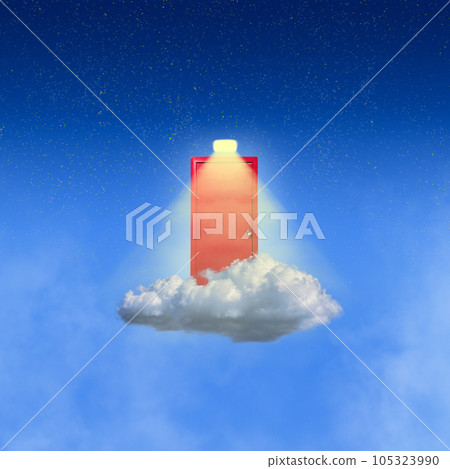 Conceptual design with door on cloud, light and new path. Secrets, new beginning. Contemporary art collage. 105323990